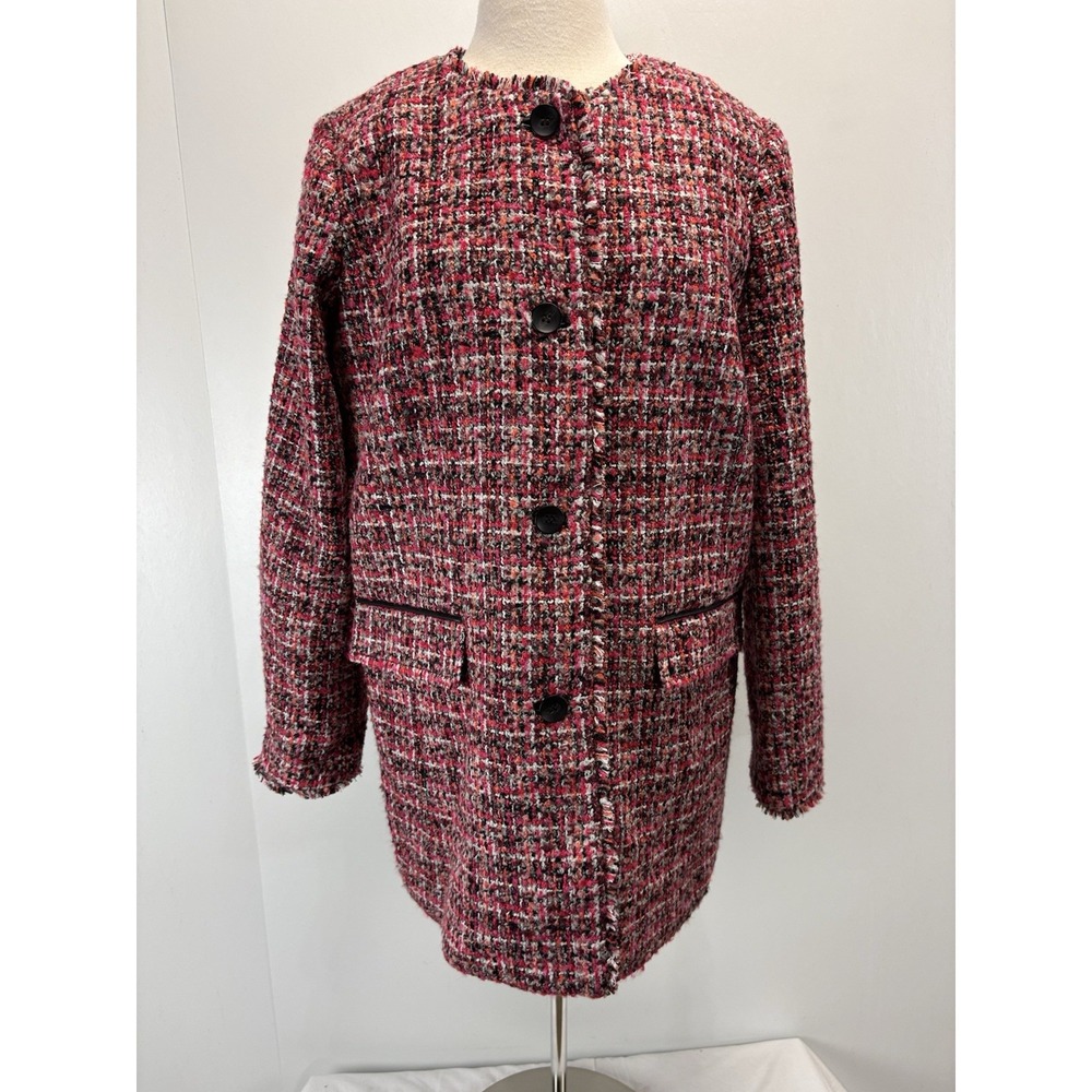 NEW! Talbots Pinewood Tweed Coat Sz 12 Lined Pink Brown Academia Fringe Trim